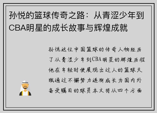 孙悦的篮球传奇之路：从青涩少年到CBA明星的成长故事与辉煌成就