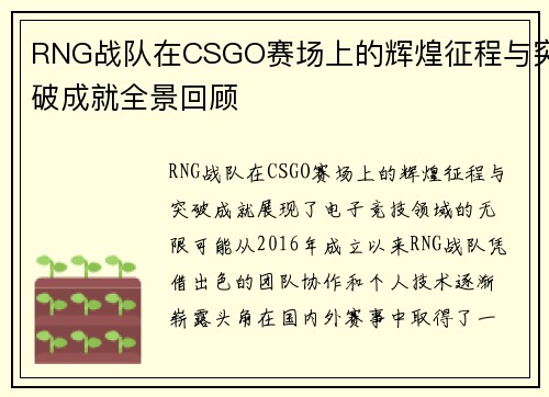 RNG战队在CSGO赛场上的辉煌征程与突破成就全景回顾