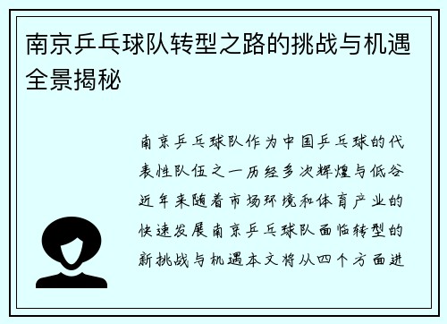 南京乒乓球队转型之路的挑战与机遇全景揭秘
