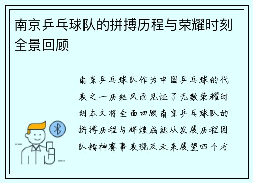 南京乒乓球队的拼搏历程与荣耀时刻全景回顾