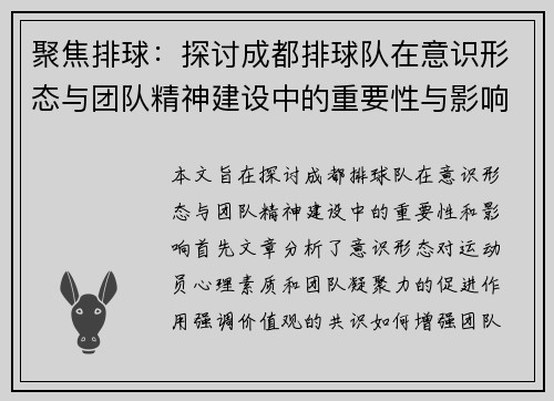 聚焦排球：探讨成都排球队在意识形态与团队精神建设中的重要性与影响